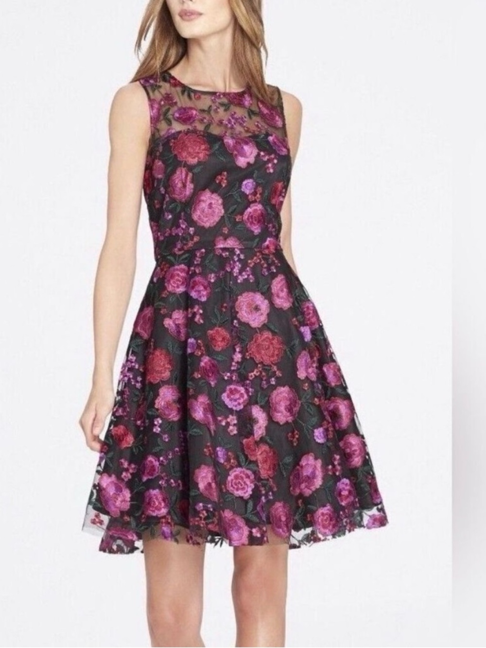 Tahari Embroidered Floral Fit-and-Flare Mini Dress with Pink and Red Blooms